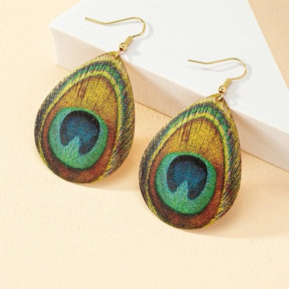 Peacock Feather Pattern Water Drop Earrings - Picture 2 of 3